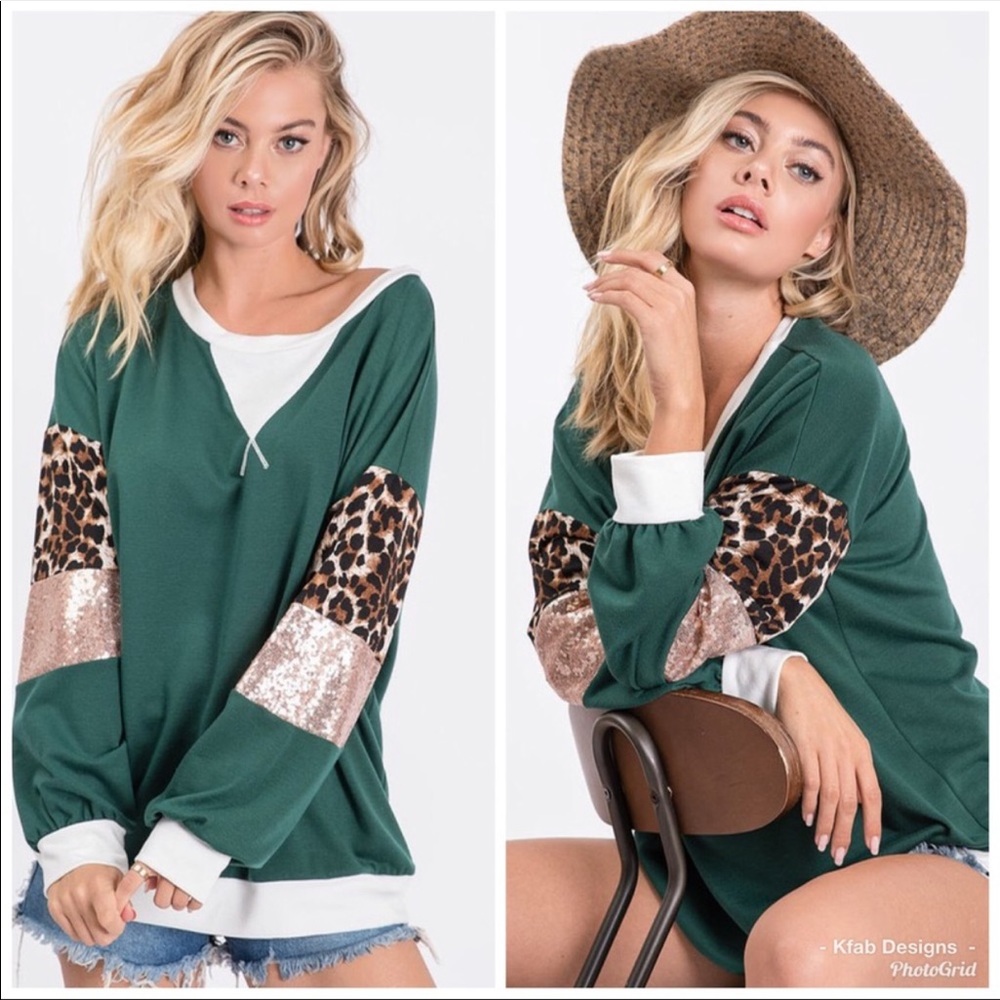 French Terry Contrast Sequin Sleeve Pull-Over